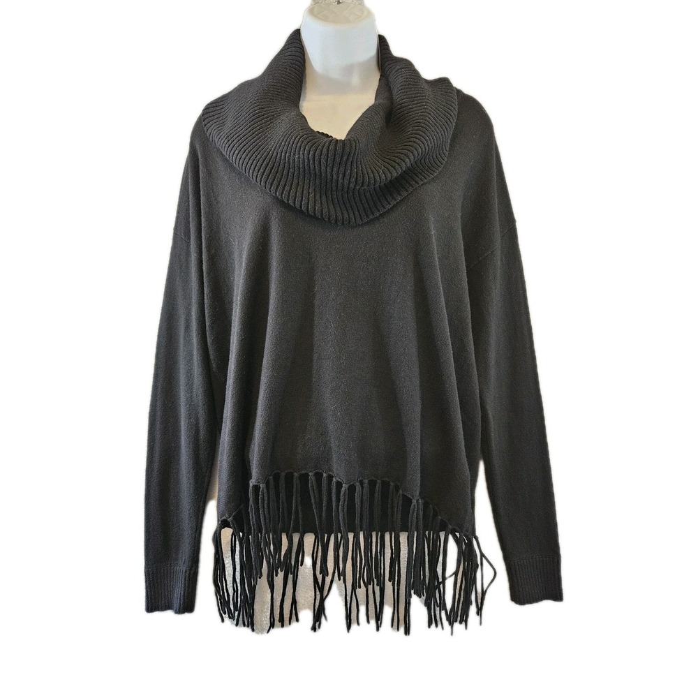 Michael Kors Sweater Womens Petite Medium Black Cowl Neck Bottom Fringe Hem